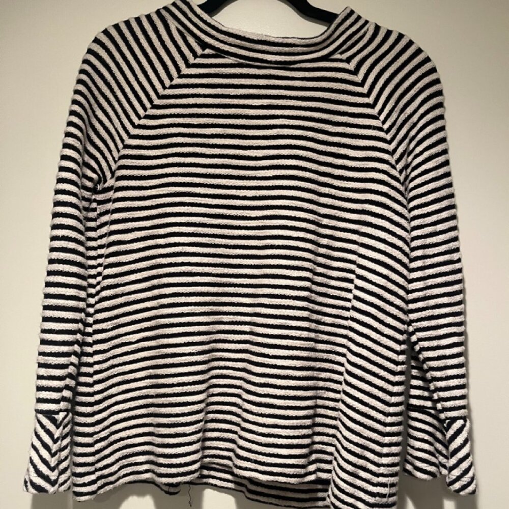 Black and White Stripe Cotton Mockneck Shirt by LOFT in size medium